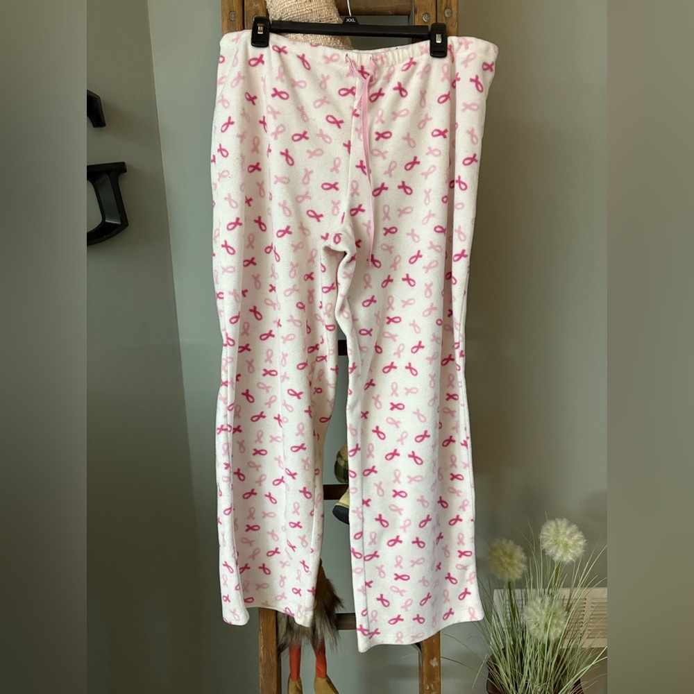 White Pajama Pants with Pink Ribbon Print
